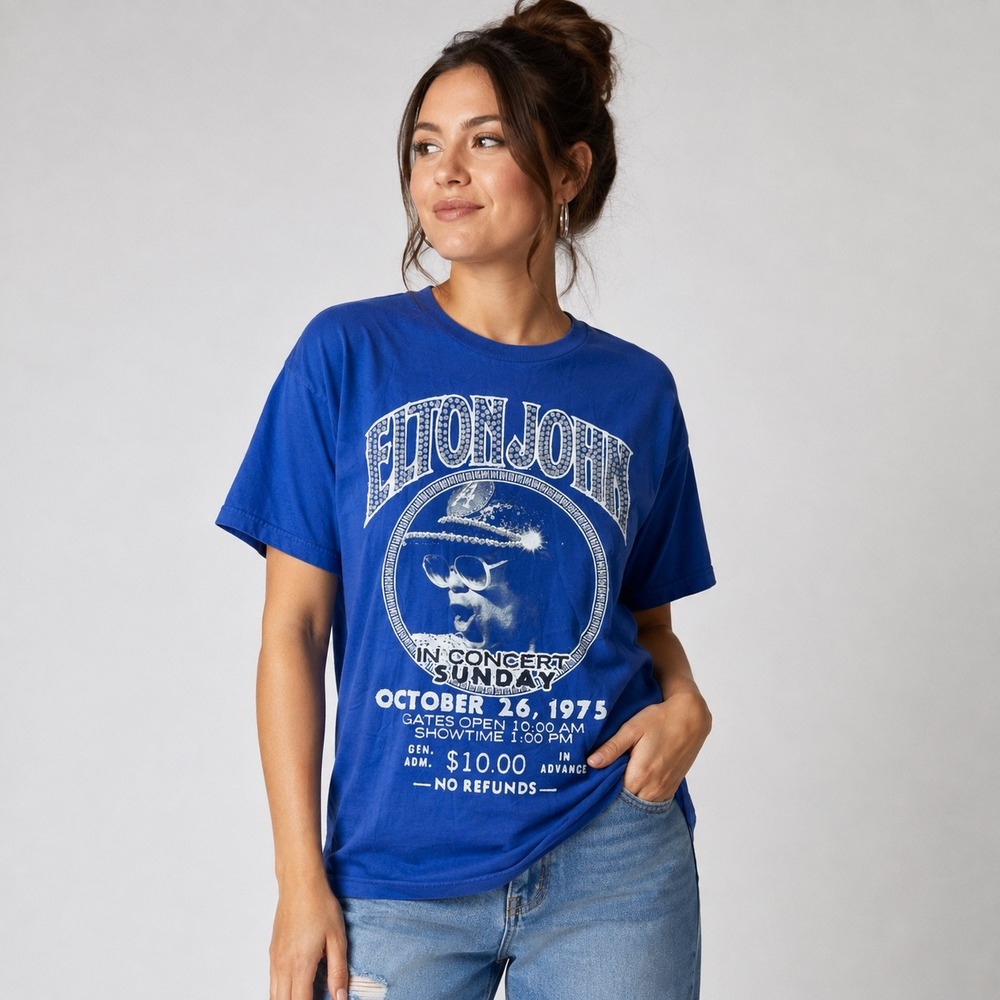 Elton John Graphic T-Shirt Unisex Medium Blue 1975 Concert Glitter Accents
